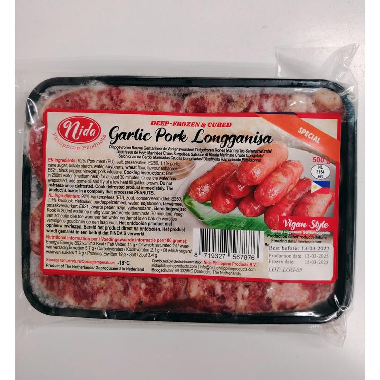 Nida Pork garlic Longganisa, Vigan style 500g.Pick up at store only