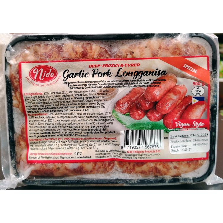 Nida Pork garlic Longganisa, Vigan style 500g.Pick up at store only